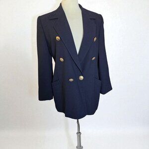 Linda Allard Ellen Tracy Blazer Women’s 8 Navy Wool Double Breasted Gold